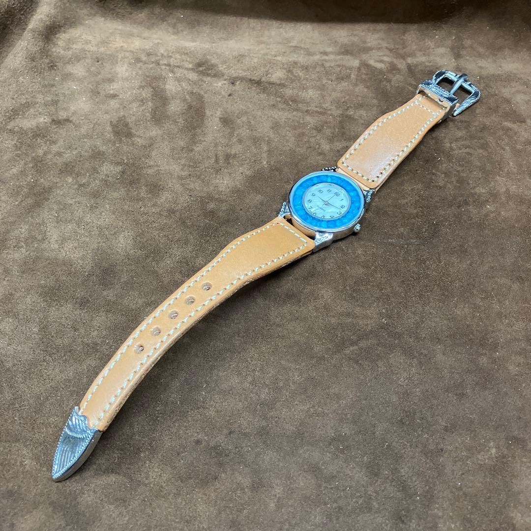USA天然石ターコイズ入り文字盤牛革ヌメ腕時計(メンズサイズ)幸福を招く空色の石