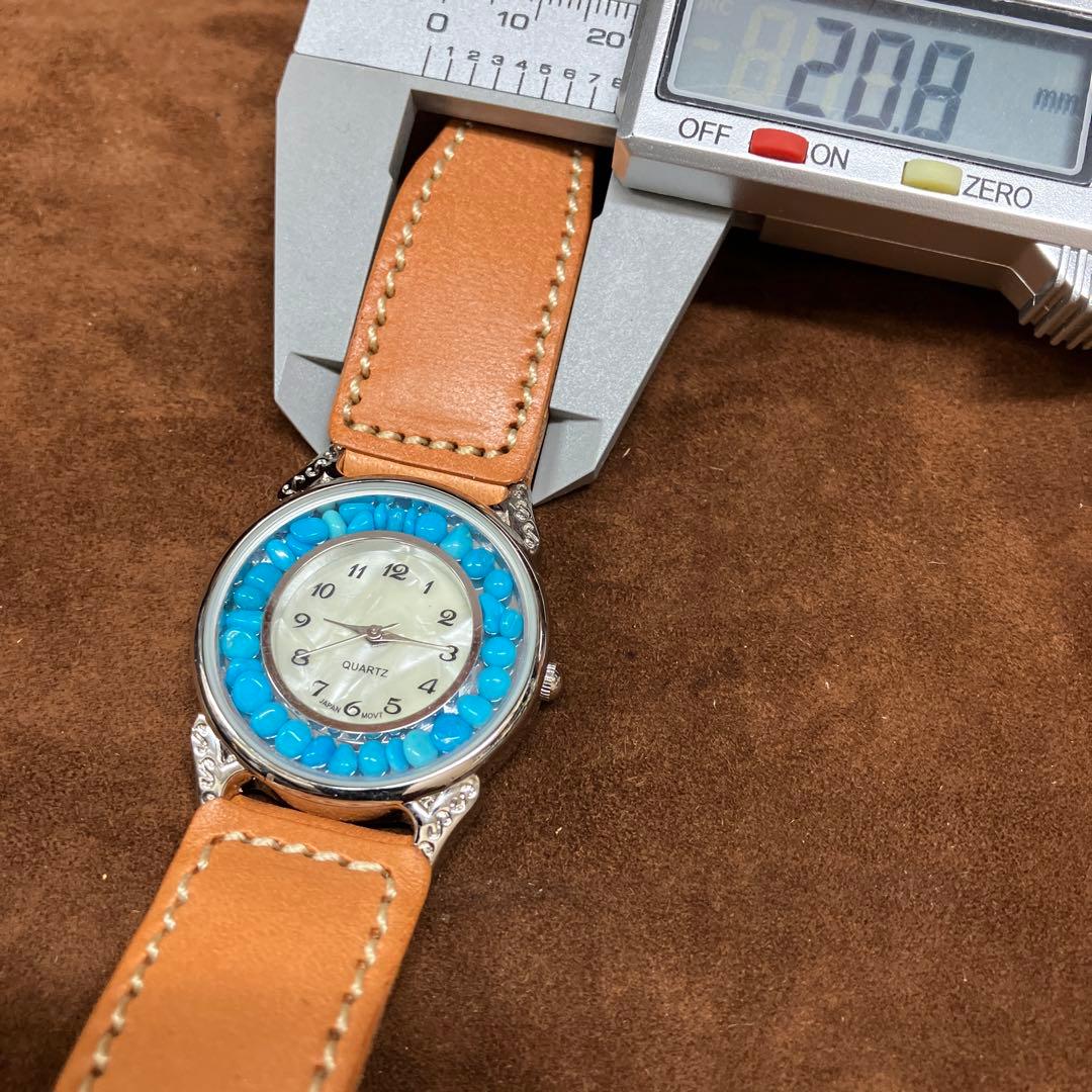 USA天然石ターコイズ入り文字盤牛革ヌメ腕時計(メンズサイズ)幸福を招く空色の石