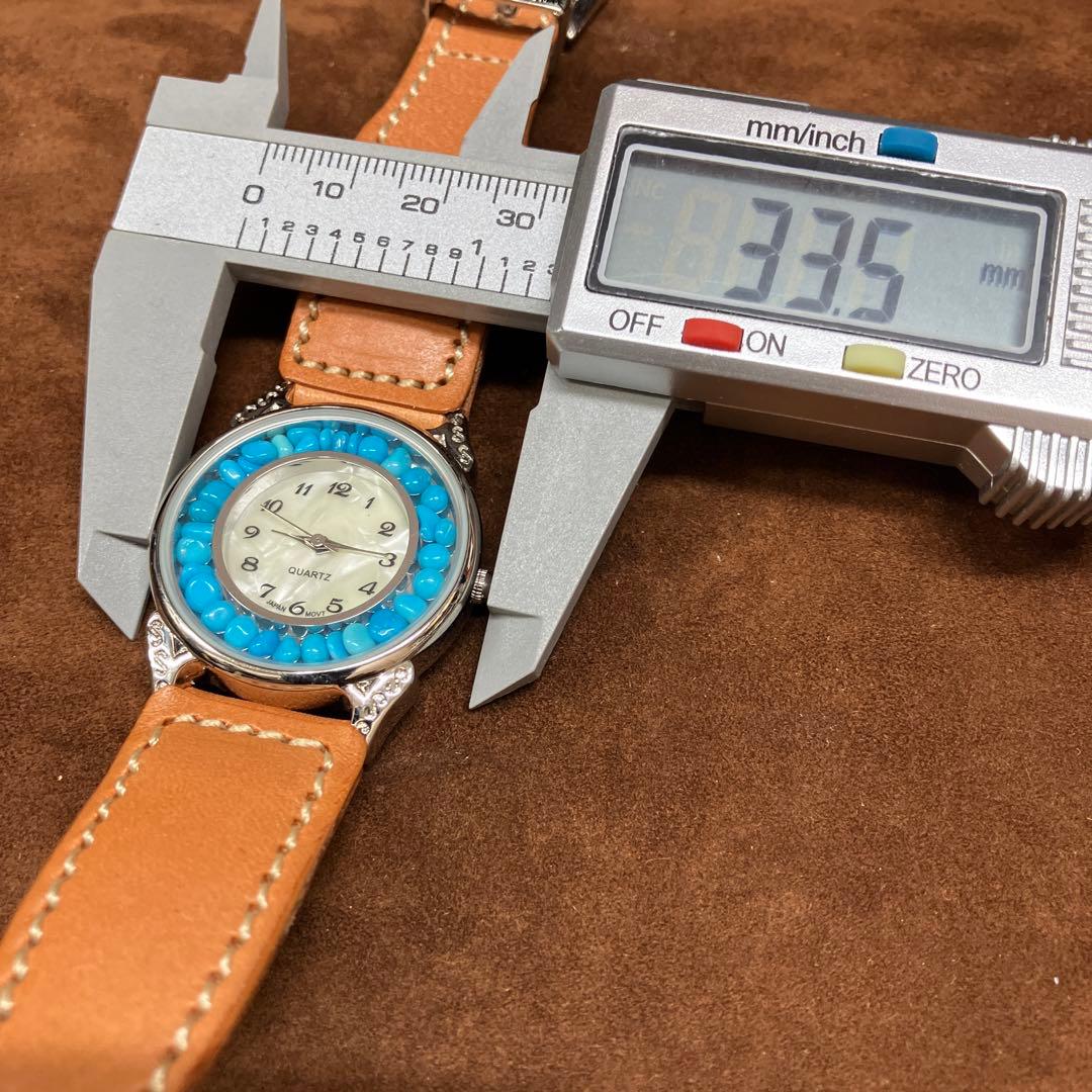 USA天然石ターコイズ入り文字盤牛革ヌメ腕時計(メンズサイズ)幸福を招く空色の石