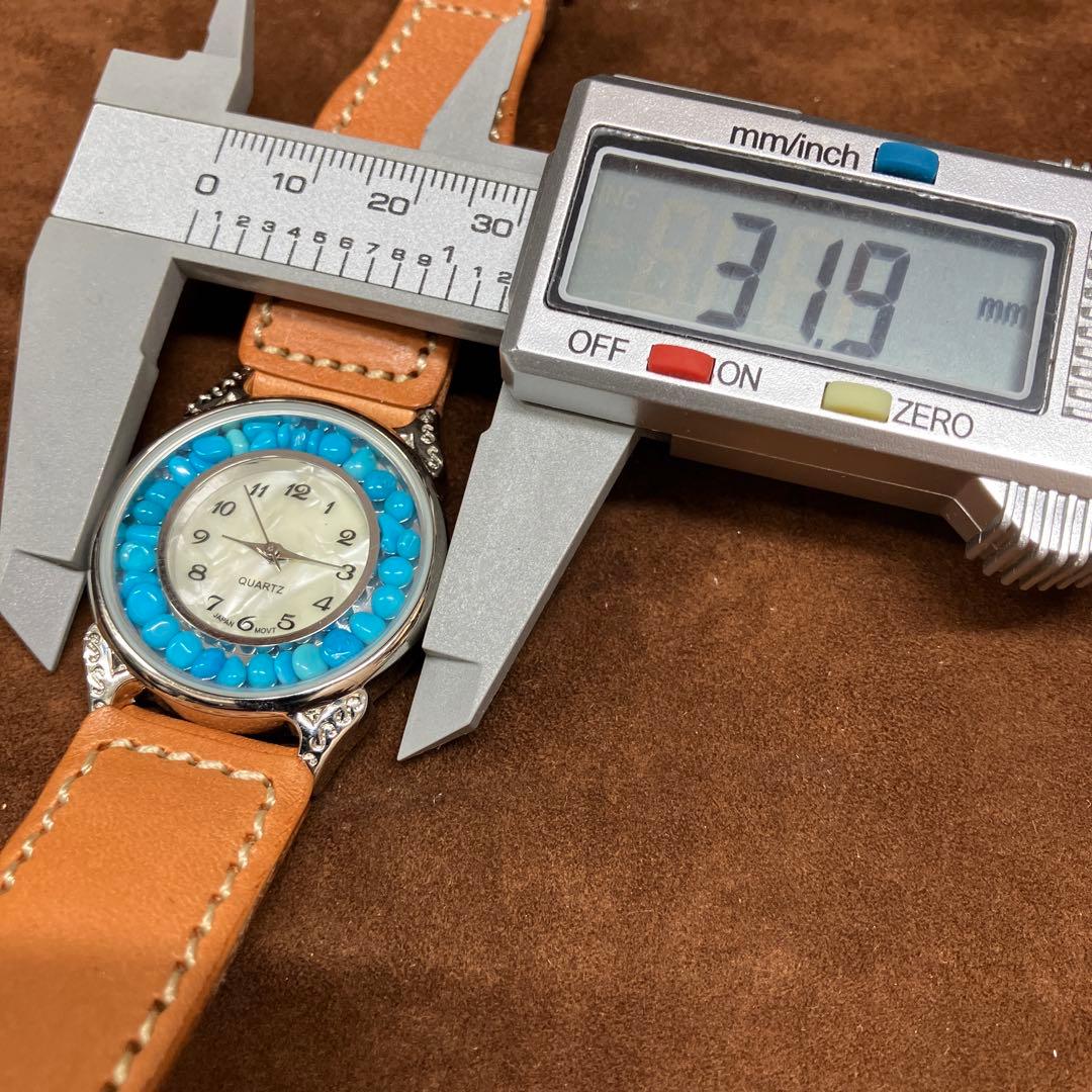 USA天然石ターコイズ入り文字盤牛革ヌメ腕時計(メンズサイズ)幸福を招く空色の石