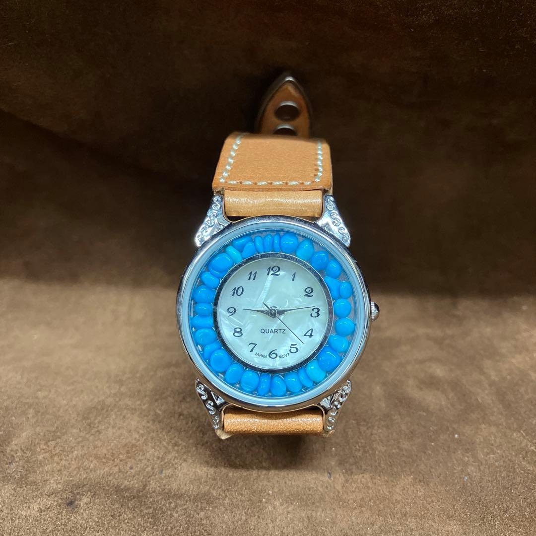 USA天然石ターコイズ入り文字盤牛革ヌメ腕時計(メンズサイズ)幸福を招く空色の石