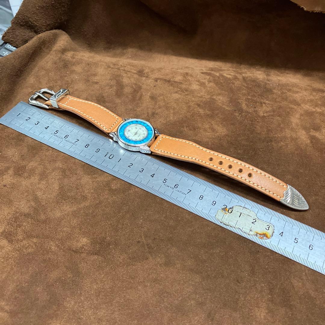 USA天然石ターコイズ入り文字盤牛革ヌメ腕時計(メンズサイズ)幸福を招く空色の石