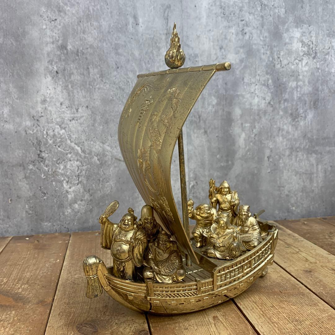 3F 【縁起物】七福神 宝船 置物 真鍮製 金属製 帆取り外し可能 商売繁盛 金