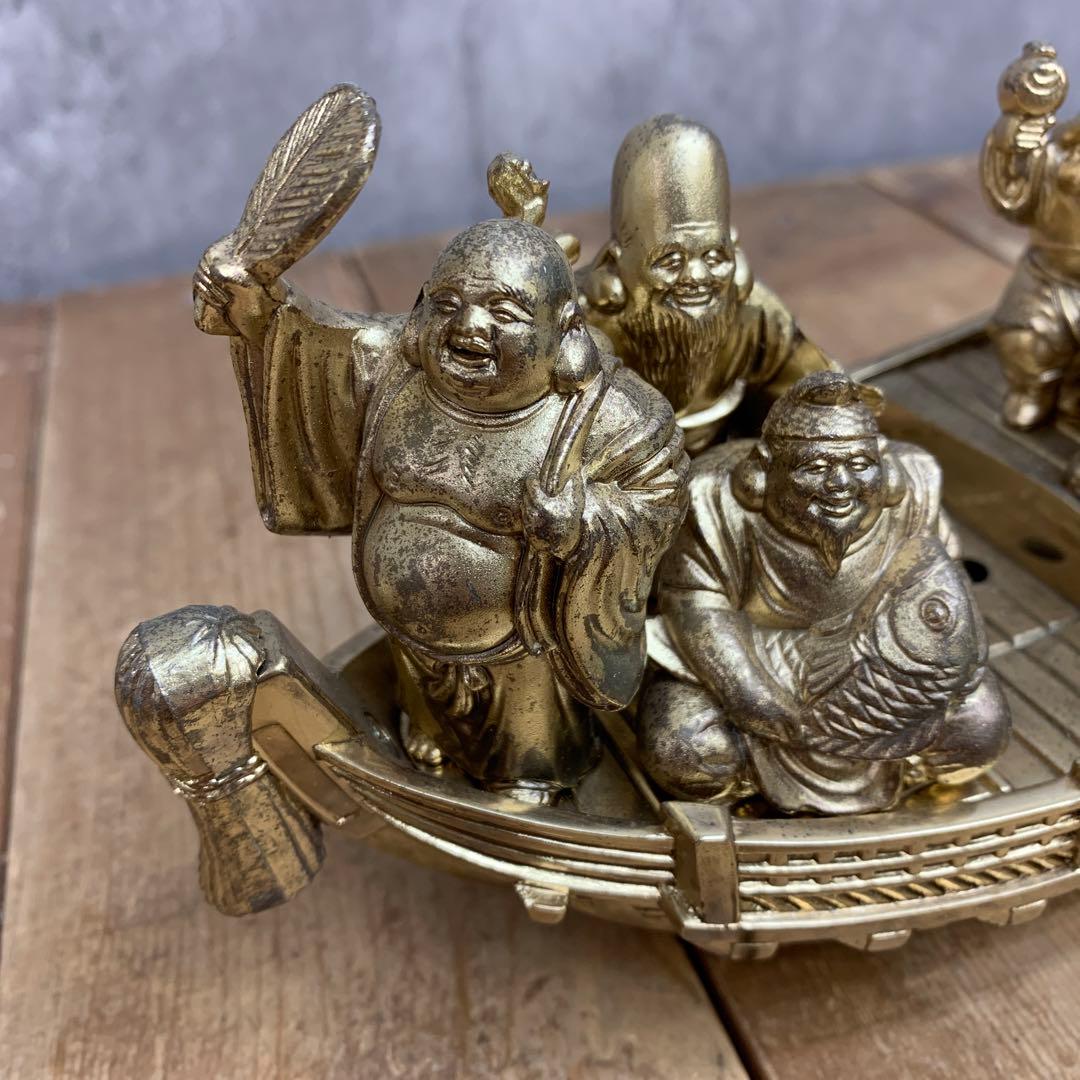 3F 【縁起物】七福神 宝船 置物 真鍮製 金属製 帆取り外し可能 商売繁盛 金