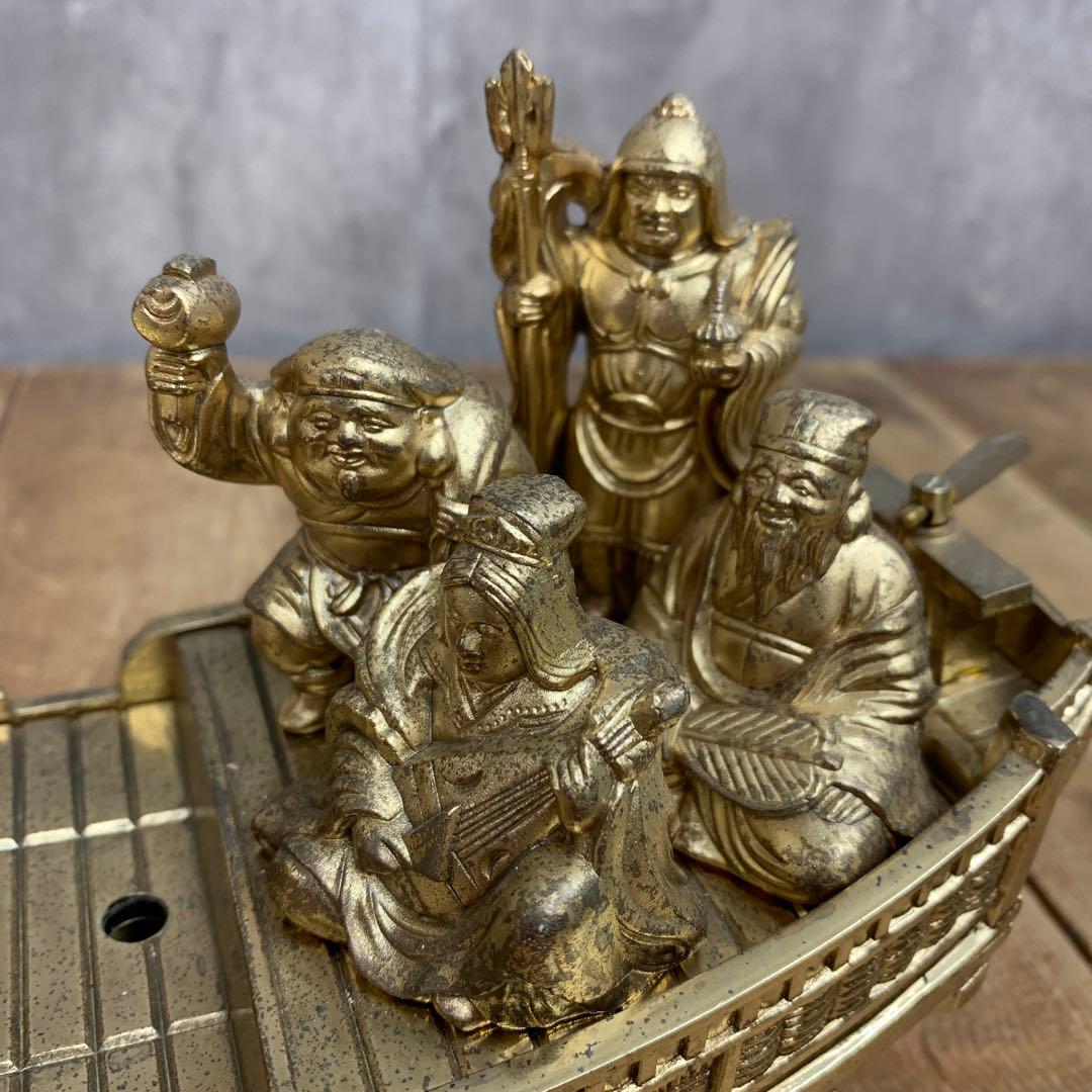 3F 【縁起物】七福神 宝船 置物 真鍮製 金属製 帆取り外し可能 商売繁盛 金