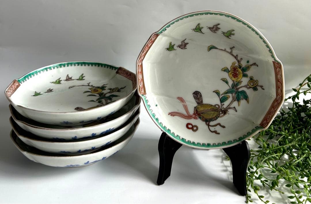 古伊万里 酒井田柿右衛門？ 染錦 花鳥亀文　角福 渦福 骨董 5枚