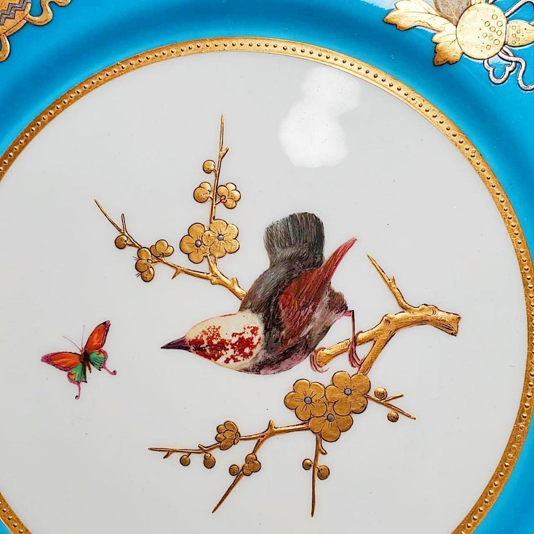 ミントン逸品 ！１９世紀中葉 プレート ターコイズ 金盛蝶鳥図文レイズドゴールド