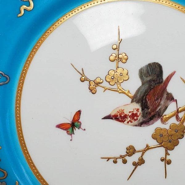 ミントン逸品 ！１９世紀中葉 プレート ターコイズ 金盛蝶鳥図文レイズドゴールド