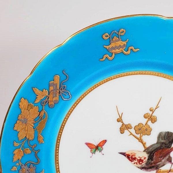 ミントン逸品 ！１９世紀中葉 プレート ターコイズ 金盛蝶鳥図文レイズドゴールド