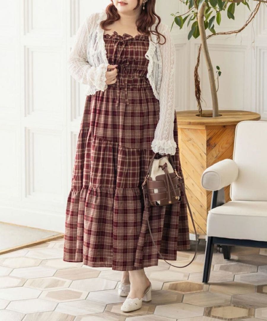 ブラウンチェックティアードマキシワンピース、おまけ小物セット