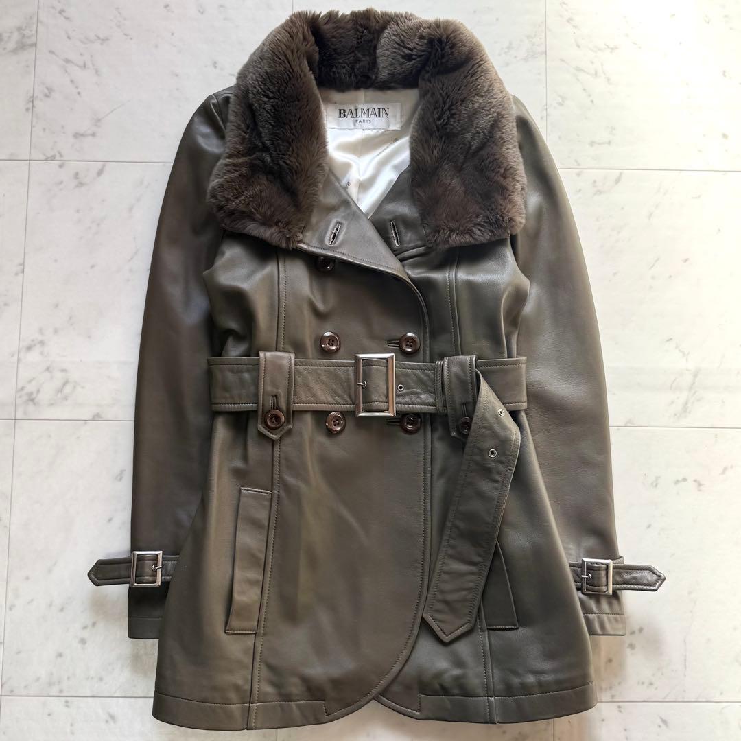 美品 BALMAIN ラムレザートレンチコート レッキスファー ベルテッド 9号