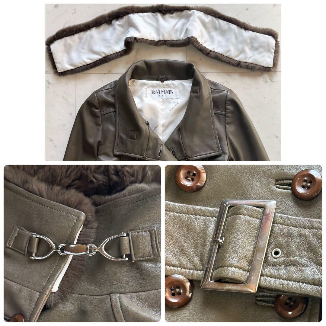 美品 BALMAIN ラムレザートレンチコート レッキスファー ベルテッド 9号