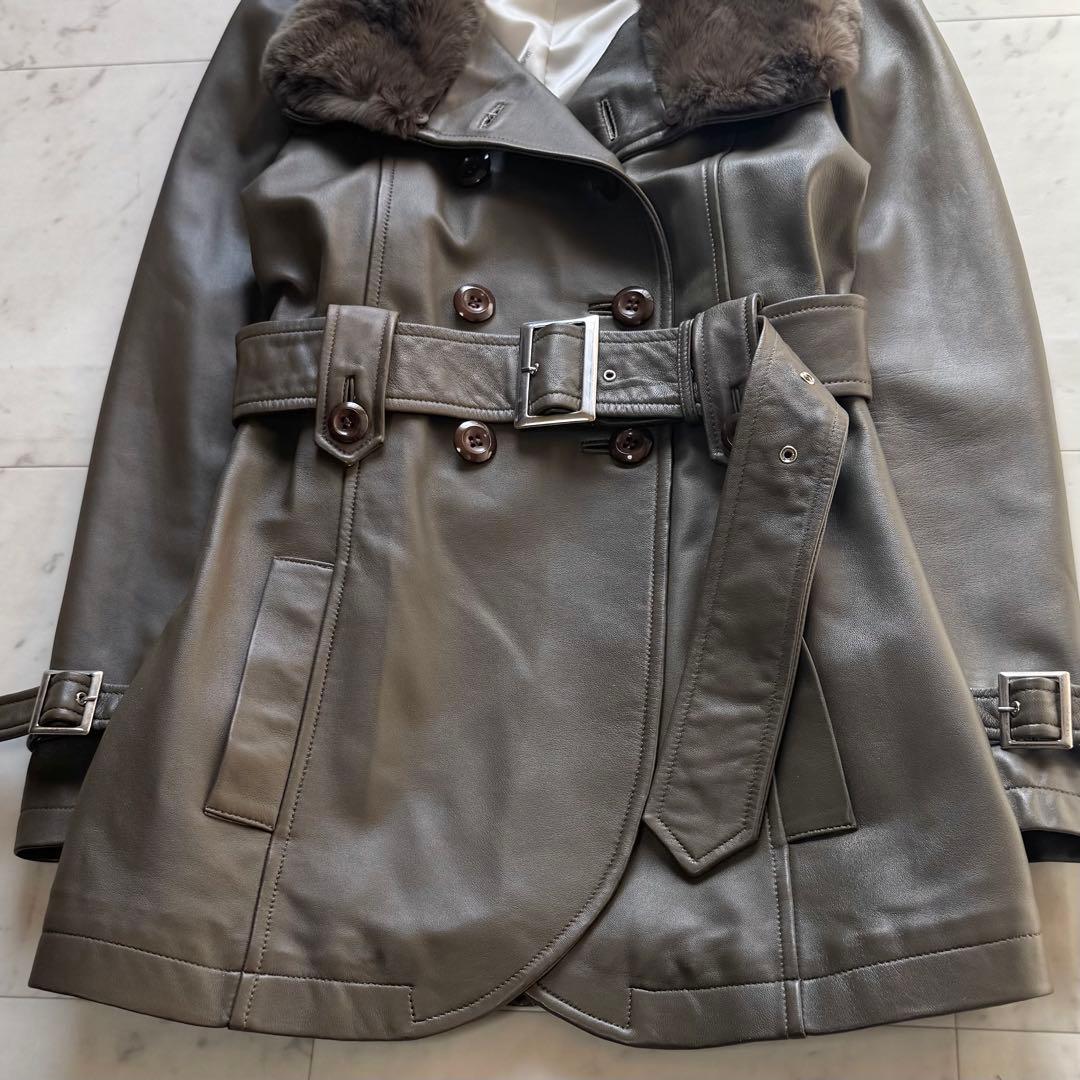 美品 BALMAIN ラムレザートレンチコート レッキスファー ベルテッド 9号