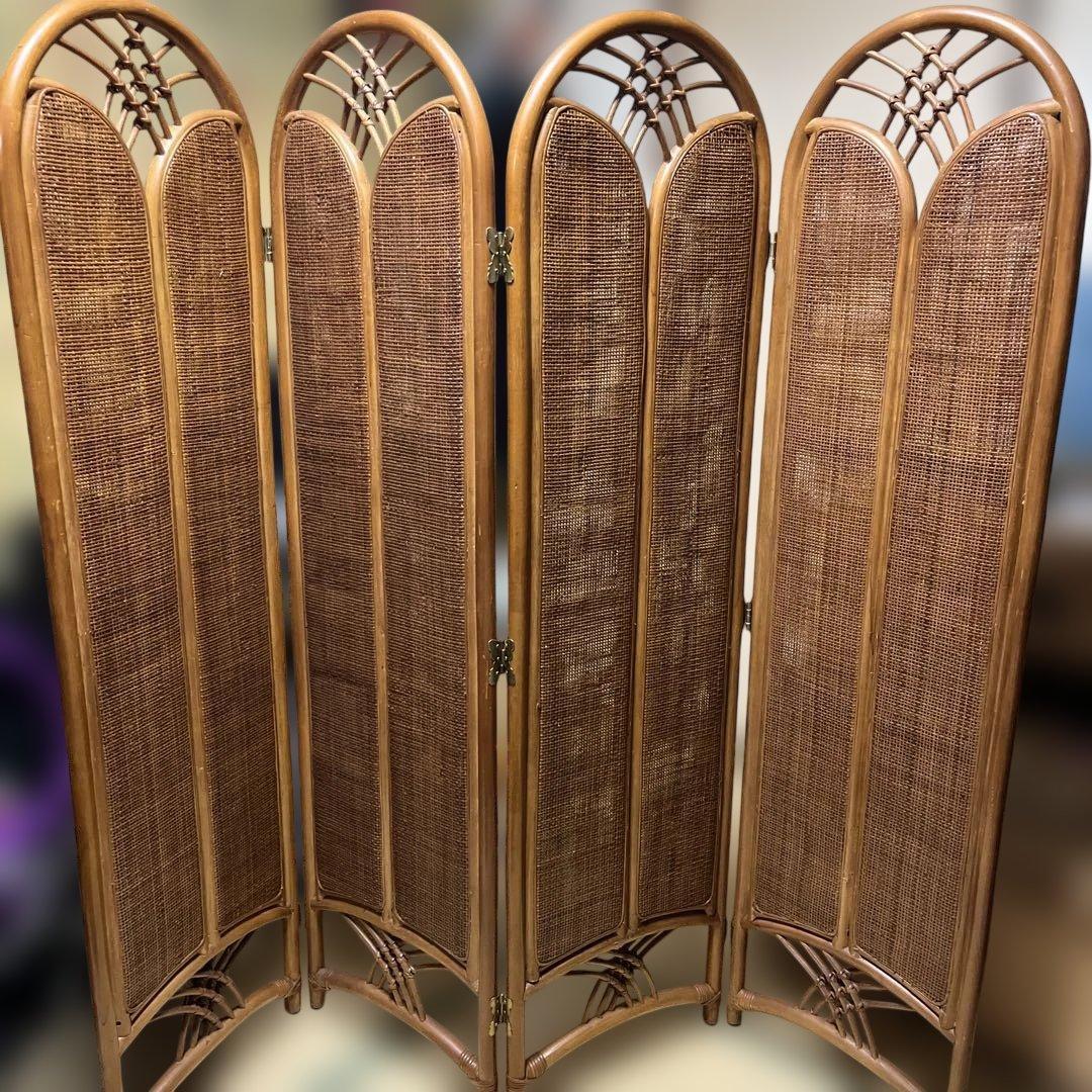 ラタン製　四枚連結パーテーション