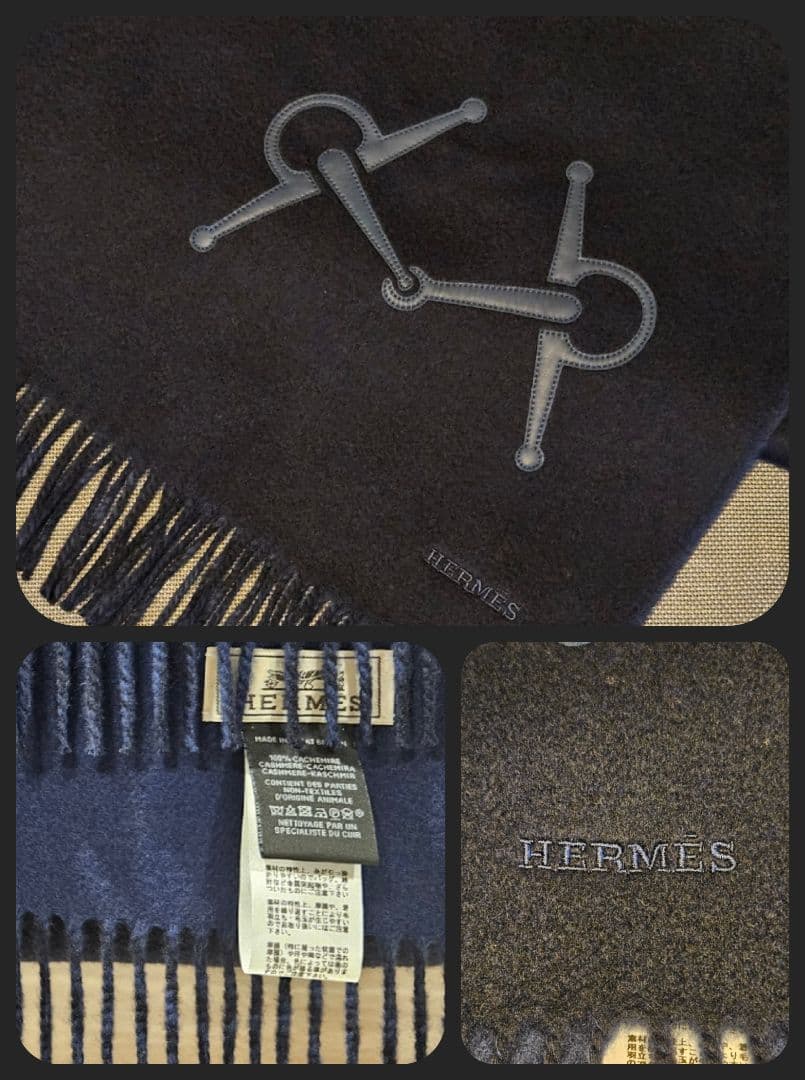 エルメス カシミアマフラー ブルーマリン・オーシャン　フリンジ　ホースビット