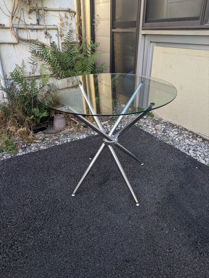 80sミッドセンチュリー円形強化ガラス天板 ダイニングテーブル 折りたたみ