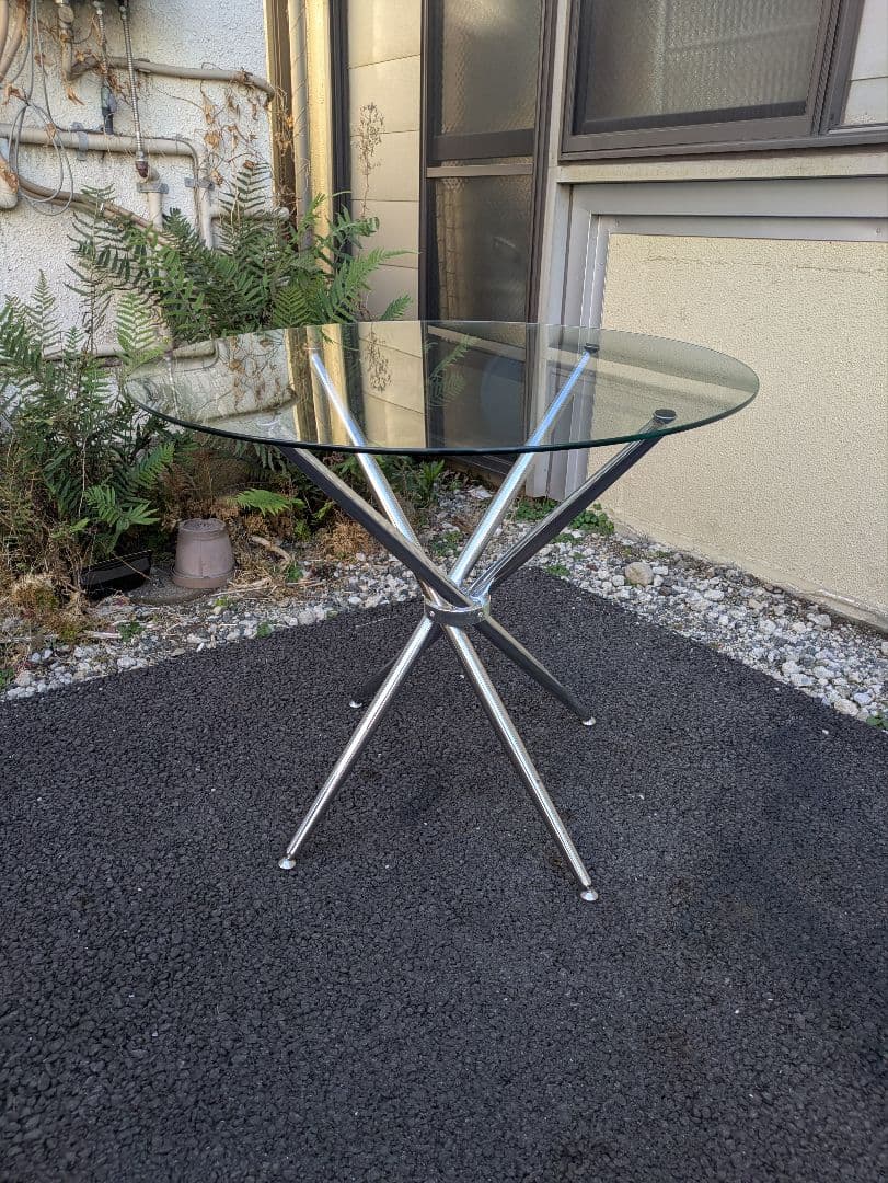 80sミッドセンチュリー円形強化ガラス天板 ダイニングテーブル 折りたたみ