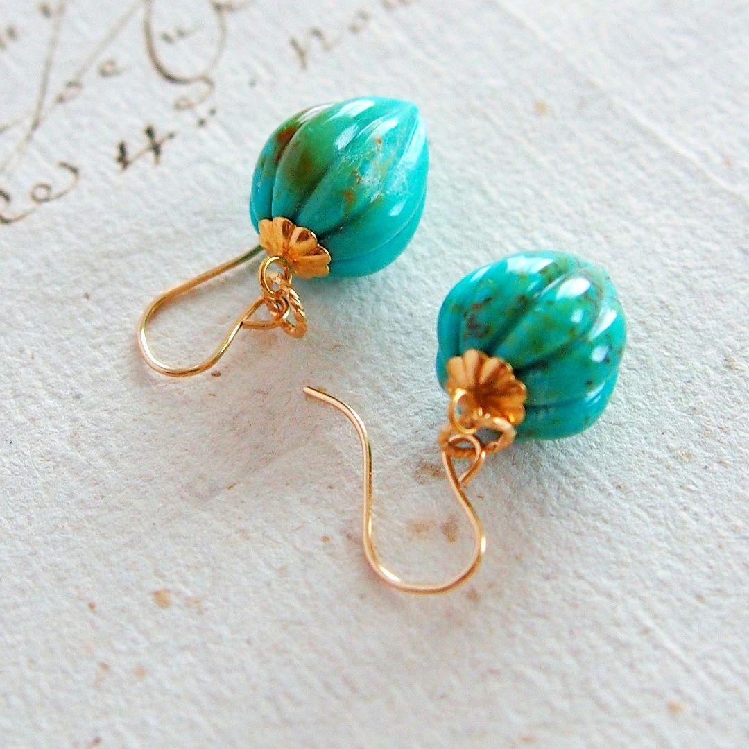 訳あり特価✨大粒ターコイズ　カービング　ピアス　イヤリング　チャーム　14kgf