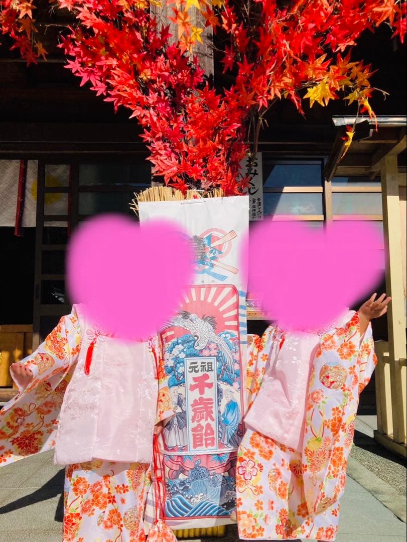 『めめさん専用』着物セット 花柄 オレンジ　双子753 3歳　フルセット　七五三