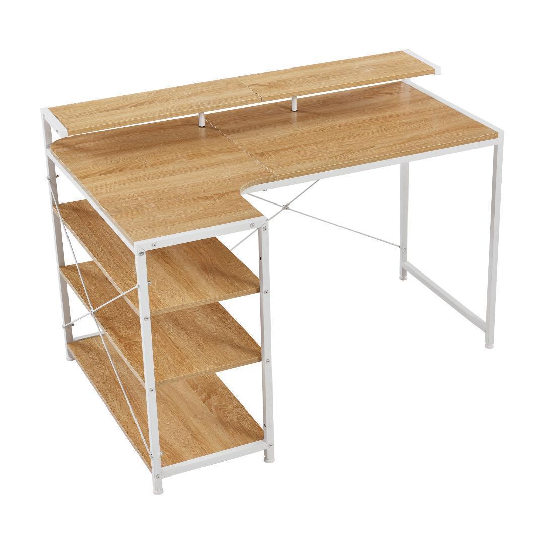 【ナチュラル】パソコンデスク L字 120cm 3段ラック付 ハイデスク付き