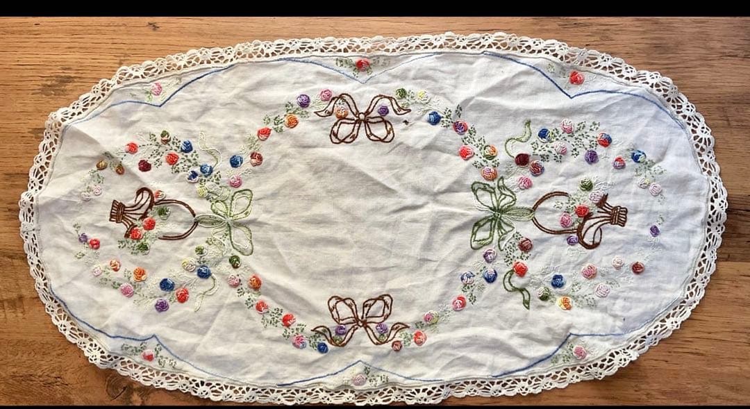 フランスアンティーク　ヴィンテージ*大きな花かご刺繍　ドイリー　かごカバー