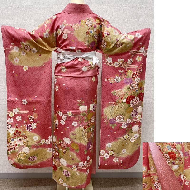 502aj21◎振袖＆袋帯 金彩 花扇 成人式 結婚式 十三参り◎美品