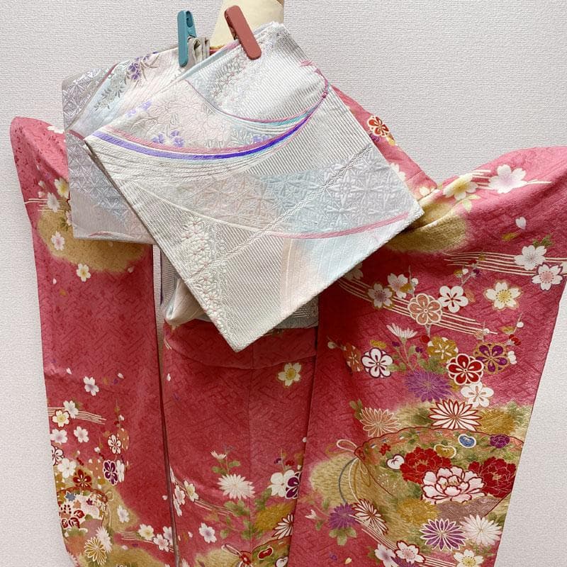 502aj21◎振袖＆袋帯 金彩 花扇 成人式 結婚式 十三参り◎美品