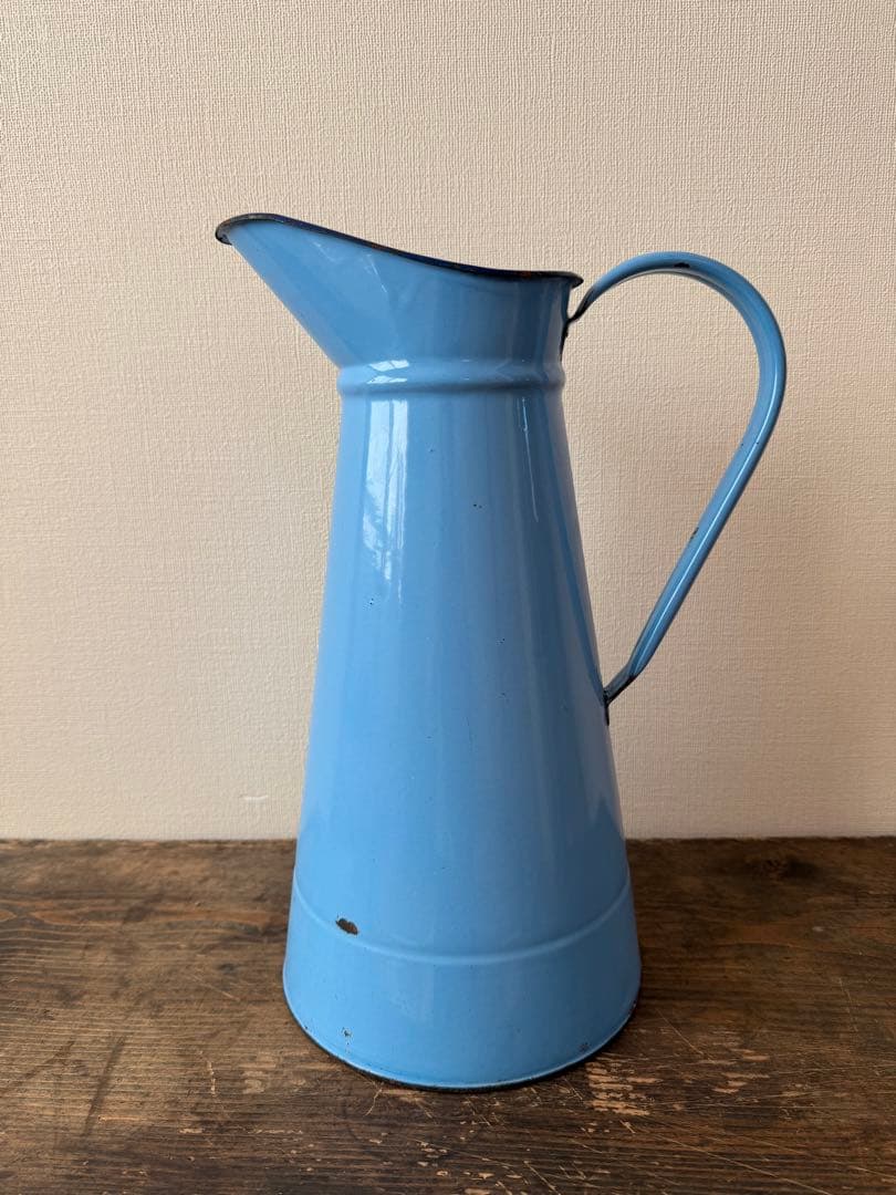 フランス　古道具　水差しピッチャー　ブルー　ホーロー