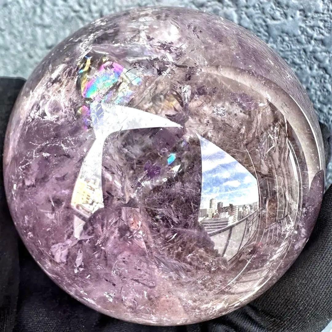 ラベンダー☆レインボー☆アメジスト·ライモナイト共生 丸玉スフィアA1275