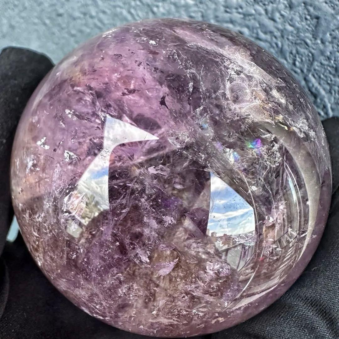 ラベンダー☆レインボー☆アメジスト·ライモナイト共生 丸玉スフィアA1275