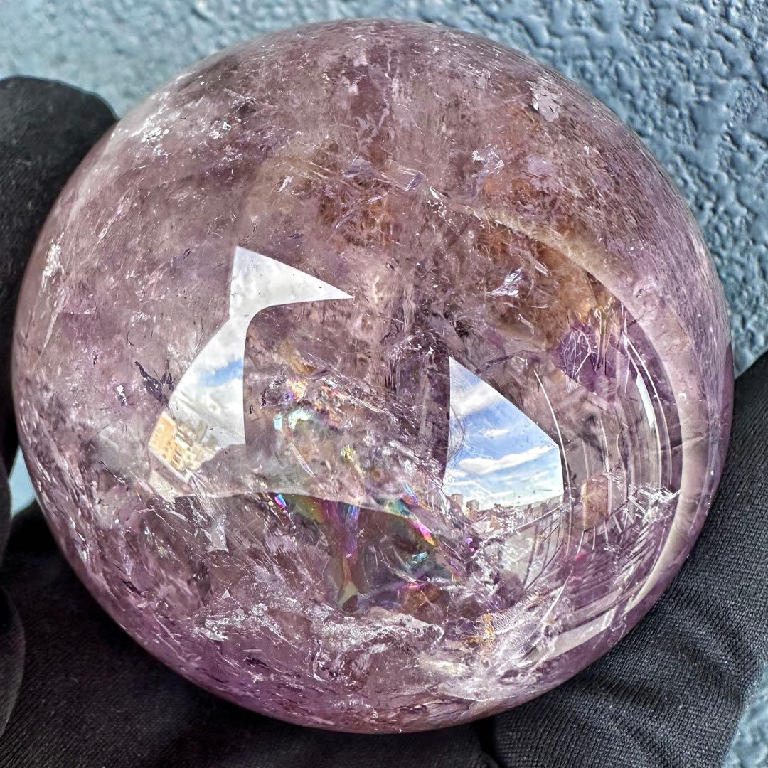 ラベンダー☆レインボー☆アメジスト·ライモナイト共生 丸玉スフィアA1275