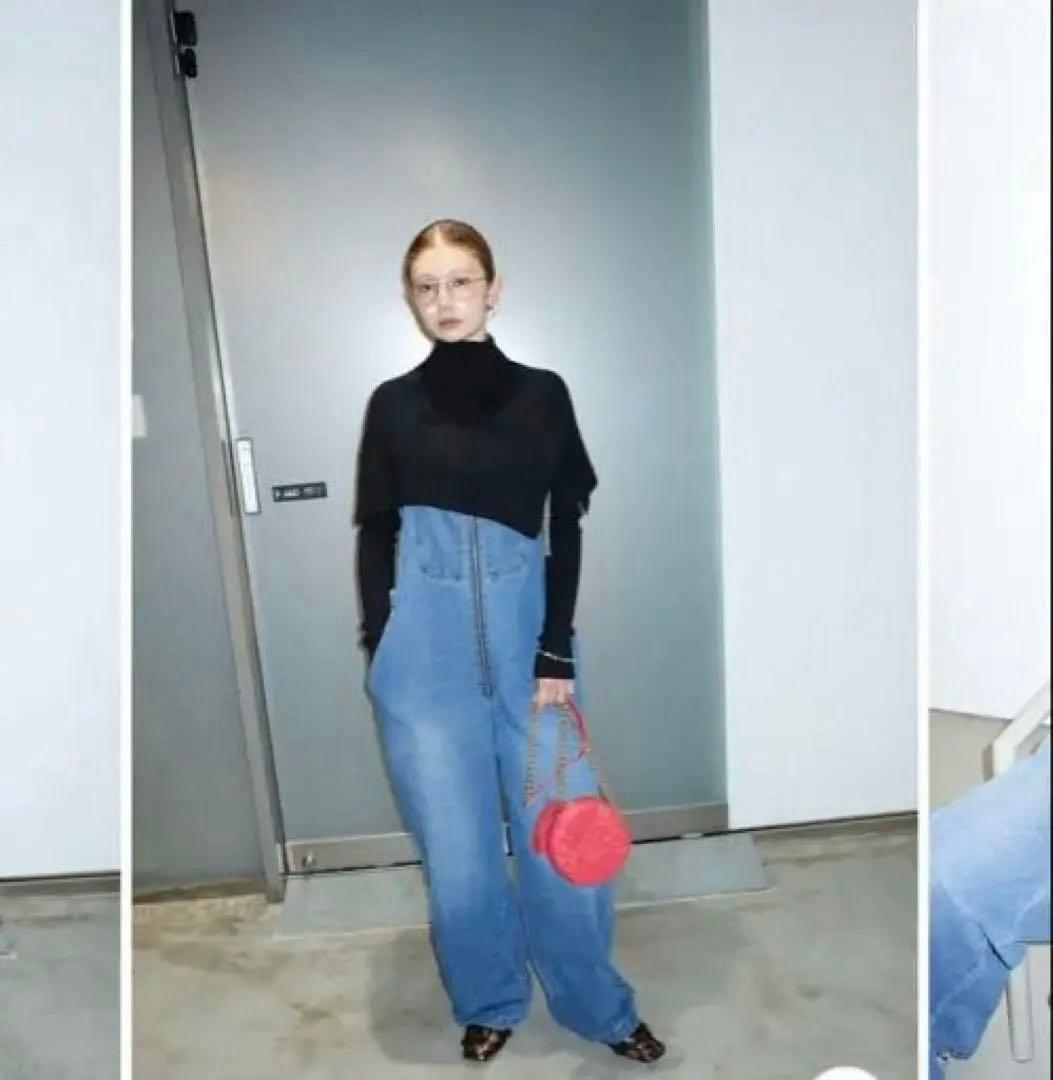 ケープアンサンブルニットフロントジップストラップデザインデニムサロペット3SET