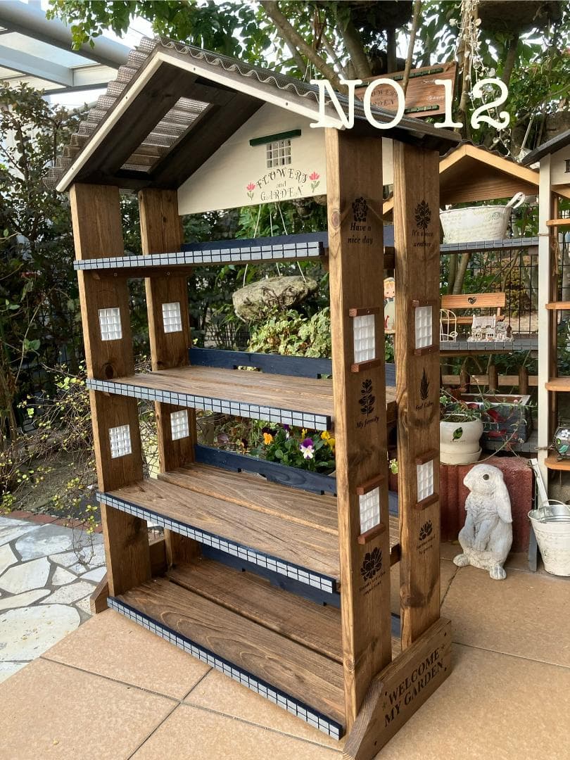 No12 三角屋根の簡単移動棚4段Flower end　Garden　brown