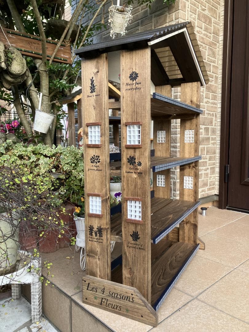 No12 三角屋根の簡単移動棚4段Flower end　Garden　brown