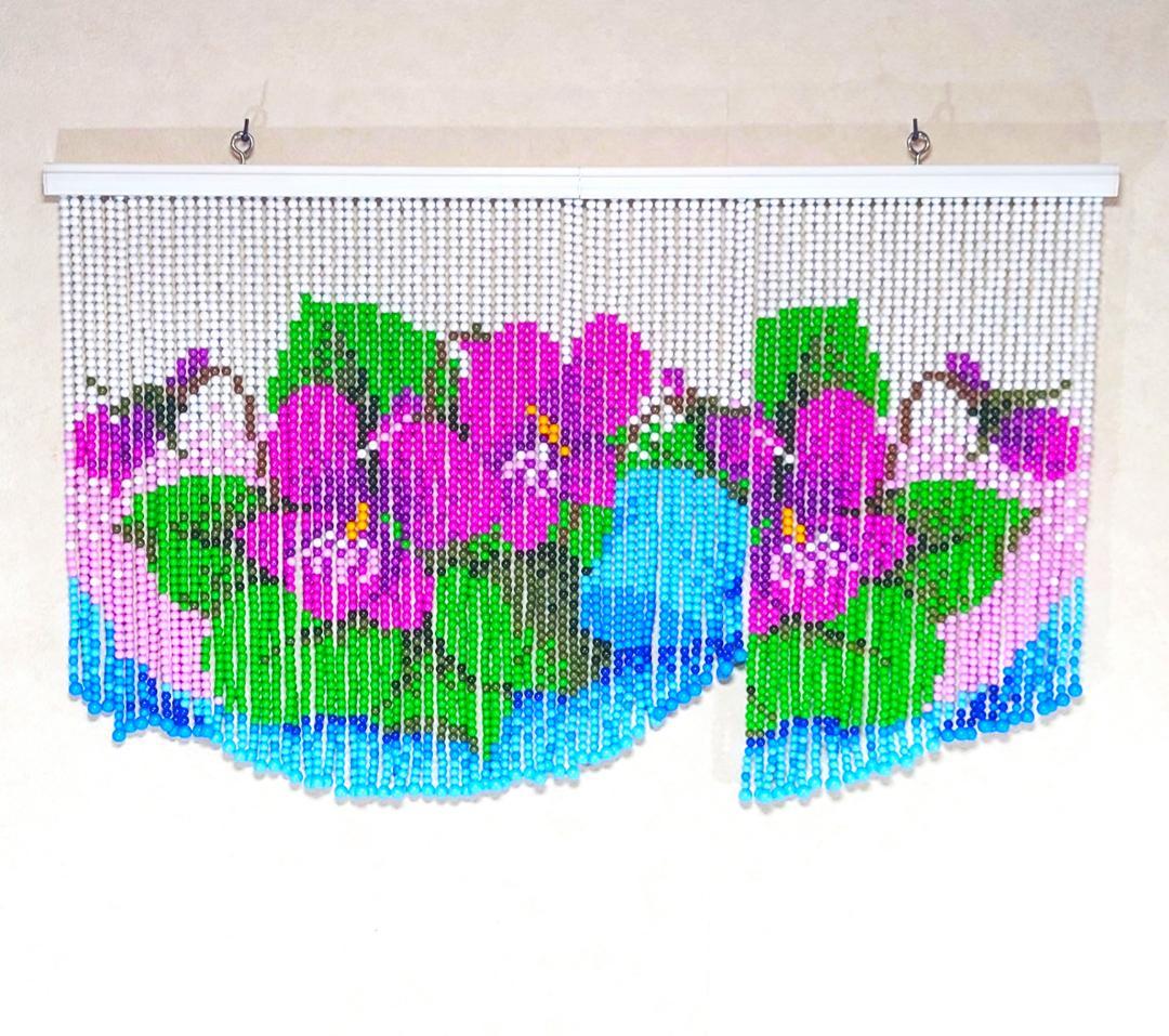 レトロポップ 玉暖簾 花柄 ビーズ 玉すだれ アンティーク 珍品 珠のれん