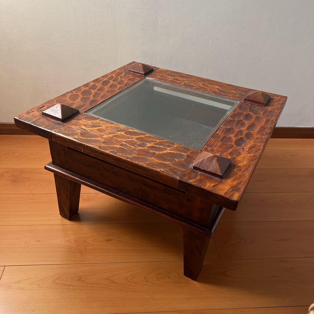 アジアン アンティーク ナイトテーブル　木製ガラストップ テーブル