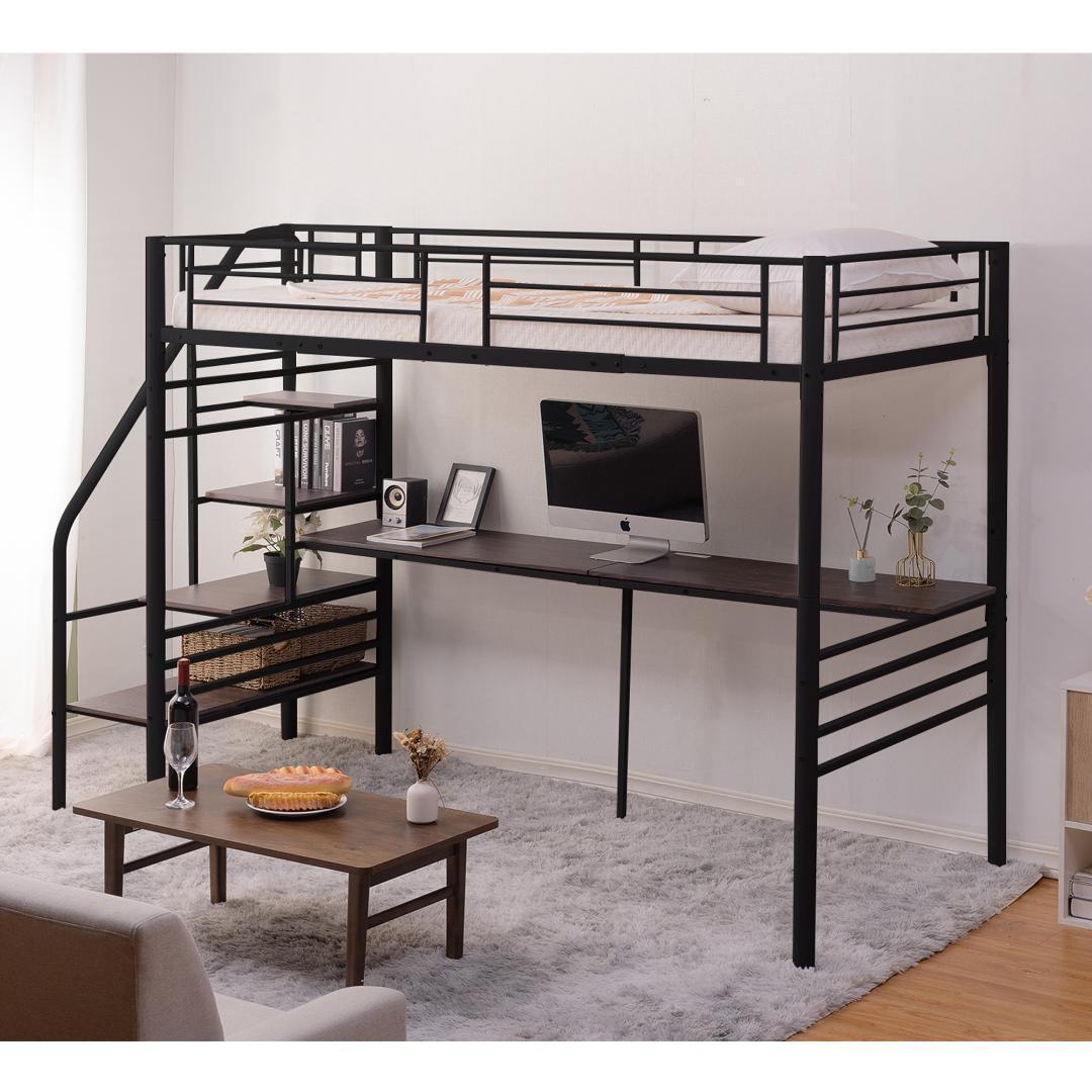 階段付きパイプベッド シングル コンセント付き収納子供ベッドスチール耐震ベッド