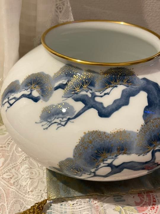 皇室御用達 大倉陶園 老松花生 松金彩