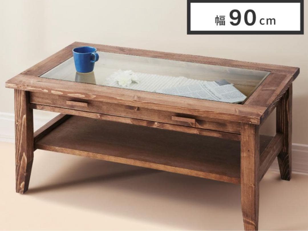 ガラス面付きローテーブル　センターテーブル 幅90cm木製 アンティーク