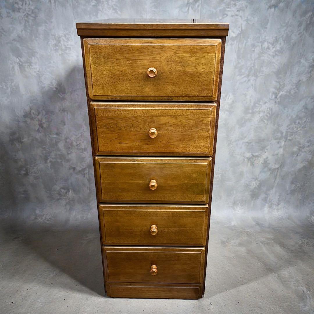 天然木 木製チェスト 5段 スリムタイプ 収納タンス ブラウン　整理タンス