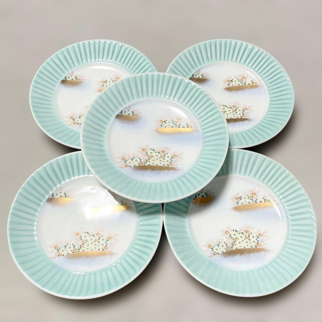 ★希少 深川製磁 金襴草花 青磁中皿 金彩 和皿揃え 5枚セット