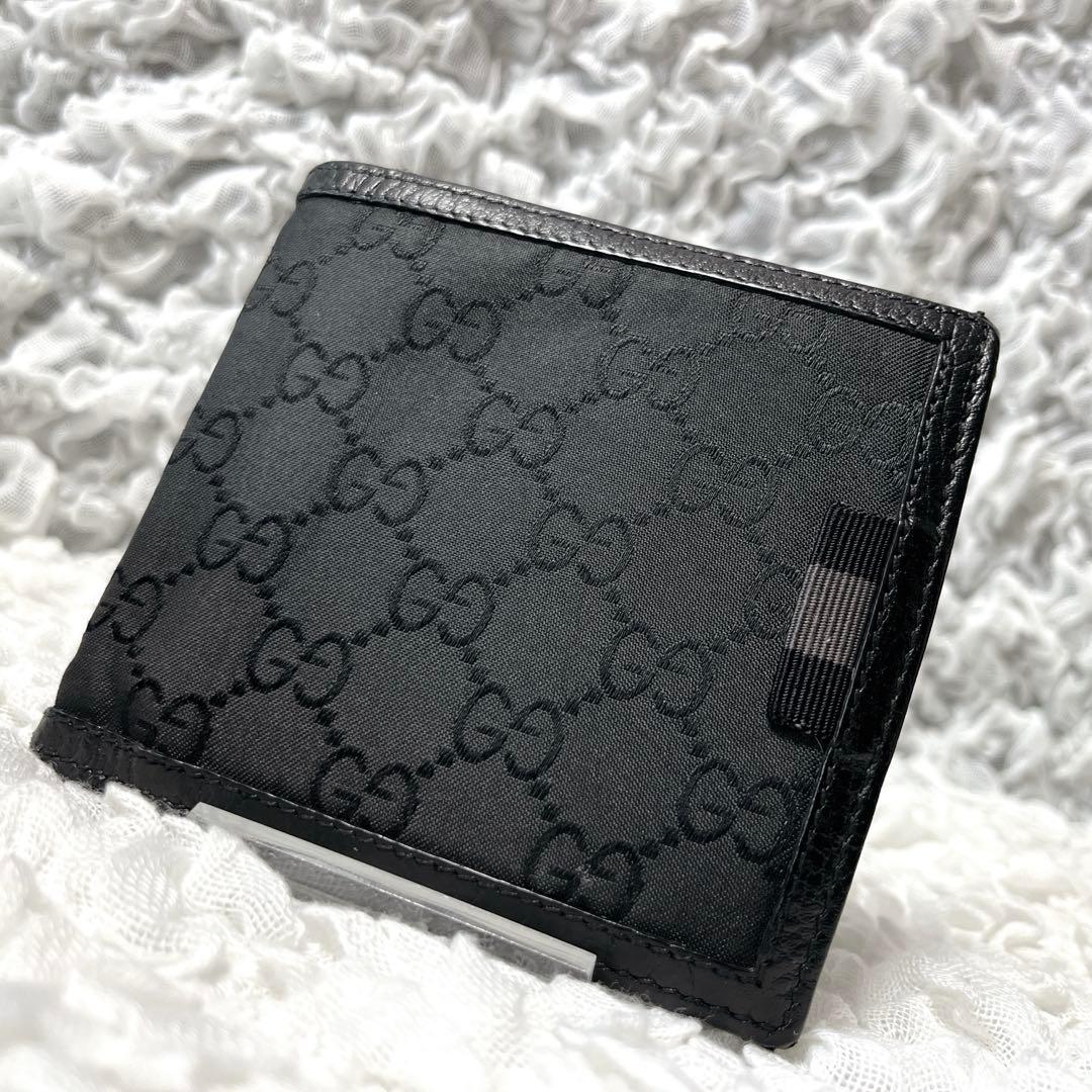 GUCCI ブラック GGパターン 二つ折り財布　グッチ　レザー　ナイロン