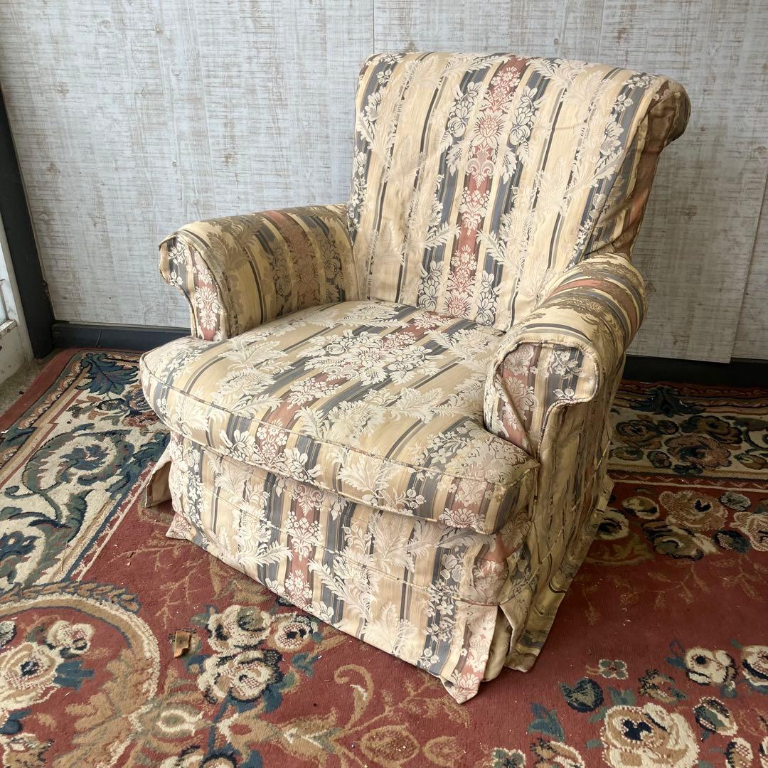 昭和レトロ コスガ家具 古家具 花柄ストライプ 一人掛けソファー アームチェア