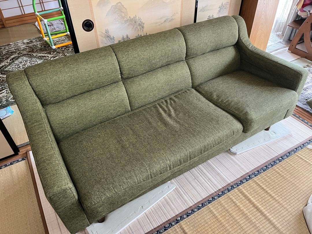 【太陽家具】【高級感】オリーブグリーン 3人掛けソファ【カバーサービス】