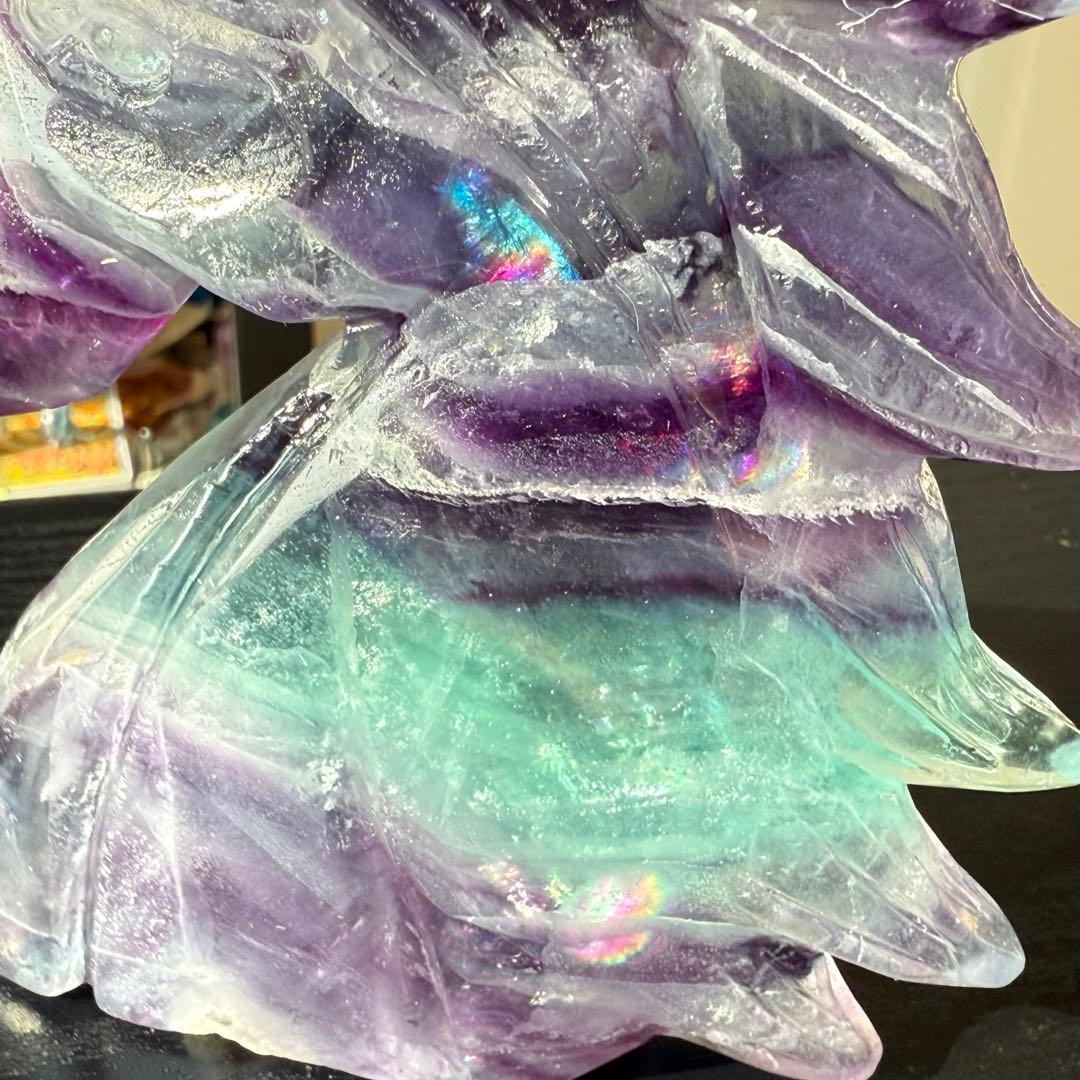 【ありあ】天然石フローライトのユニコーン　置物　彫物NO.011615