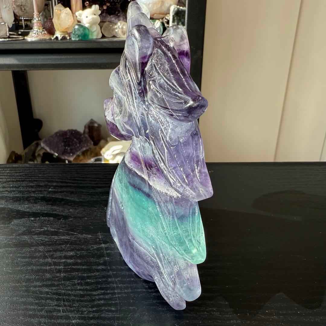 【ありあ】天然石フローライトのユニコーン　置物　彫物NO.011615