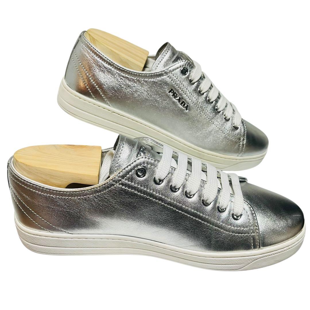 【正規美品】PRADA 3E6187 シルバースニーカー 37(23.5~24)