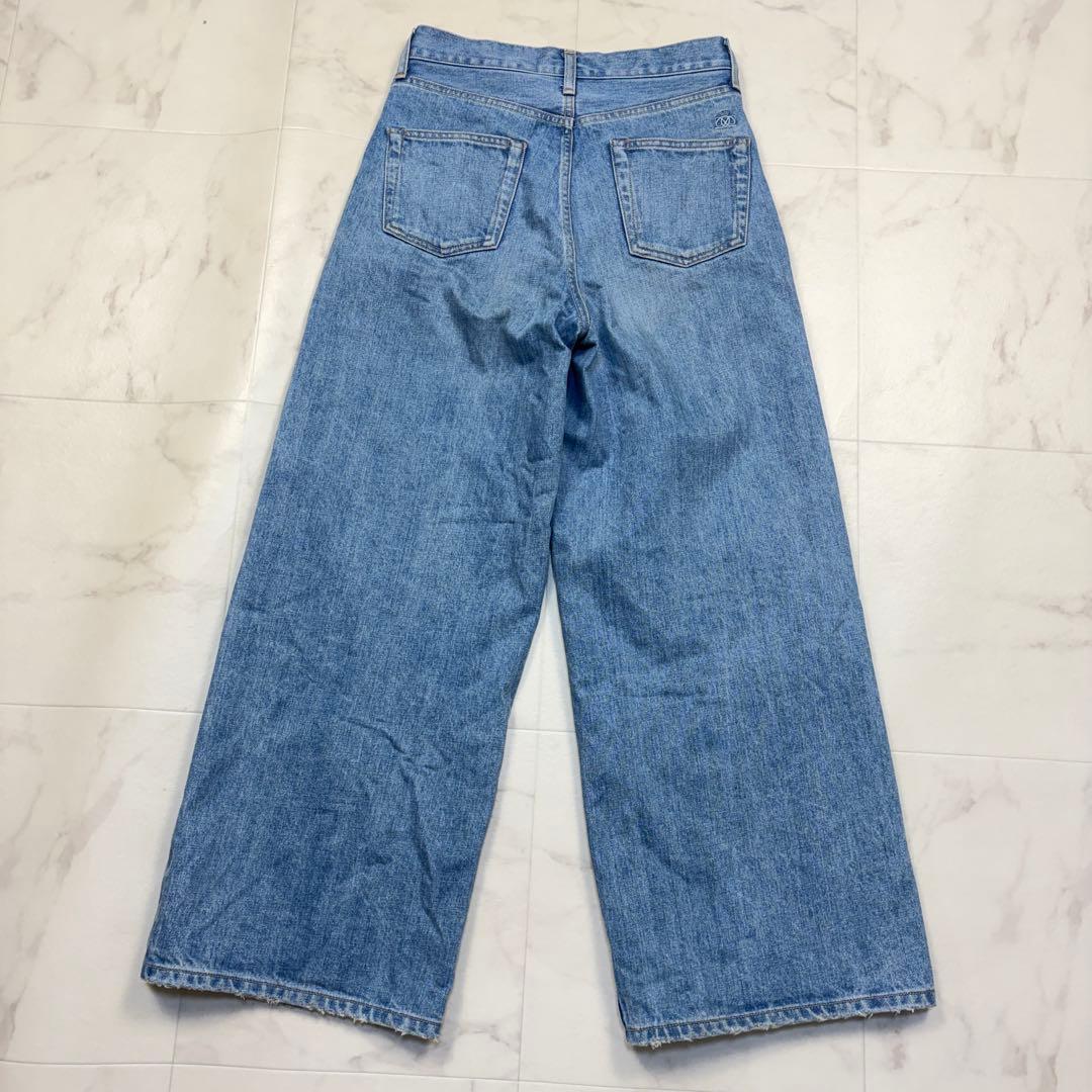 ドゥロワー　ワイドデニムパンツ　日本製　34 セルビッチ　ロゴ刺繍　青　ジーパン