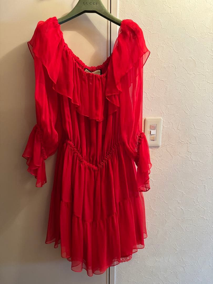 新品未使用！GUCCI グッチ　シルクシフォンレッドドレス 46 格安早い者勝ち