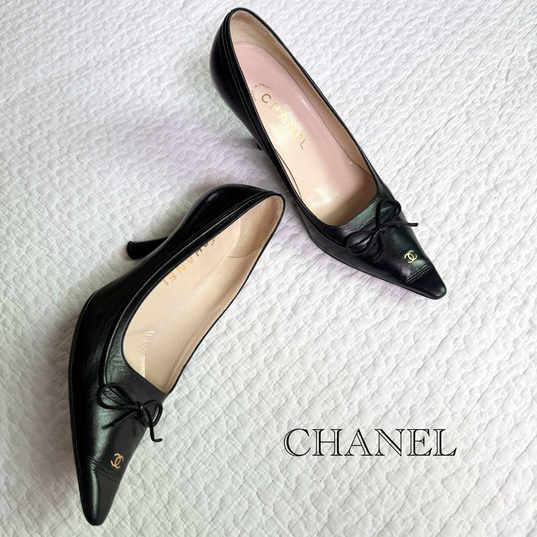 美品 CHANEL ココマーク ポインテッドトゥパンプス レザー リボン 黒
